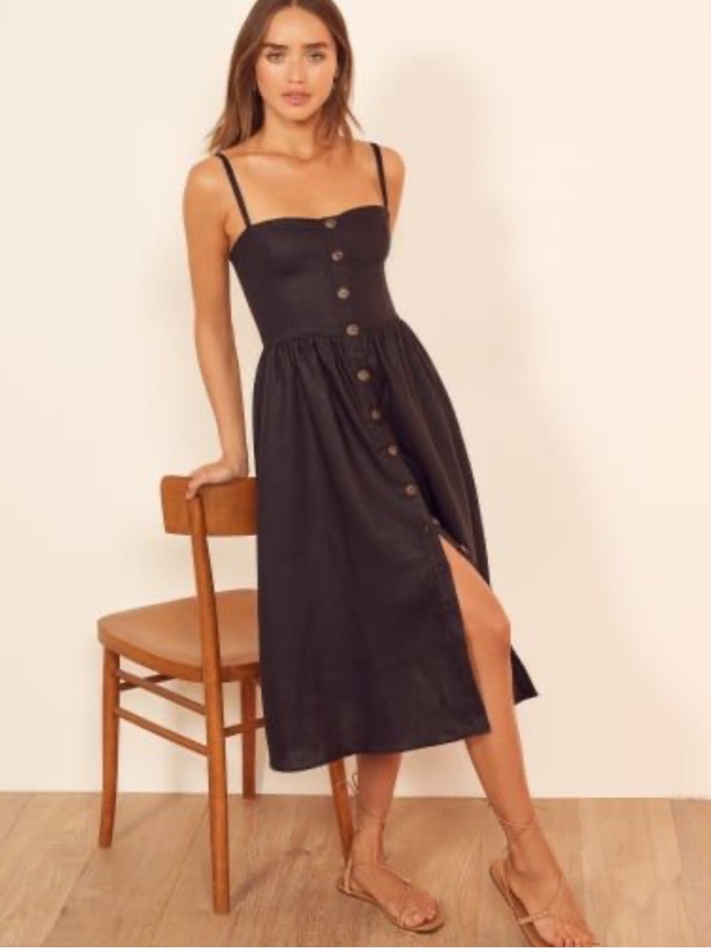 Reformation Thelma Black Linen Midi Dress